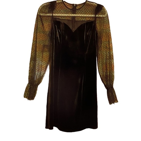 Mini Dress Velvet Sweetheart neckline mesh top and sleeves Black Size S or 4 - Picture 2 of 11